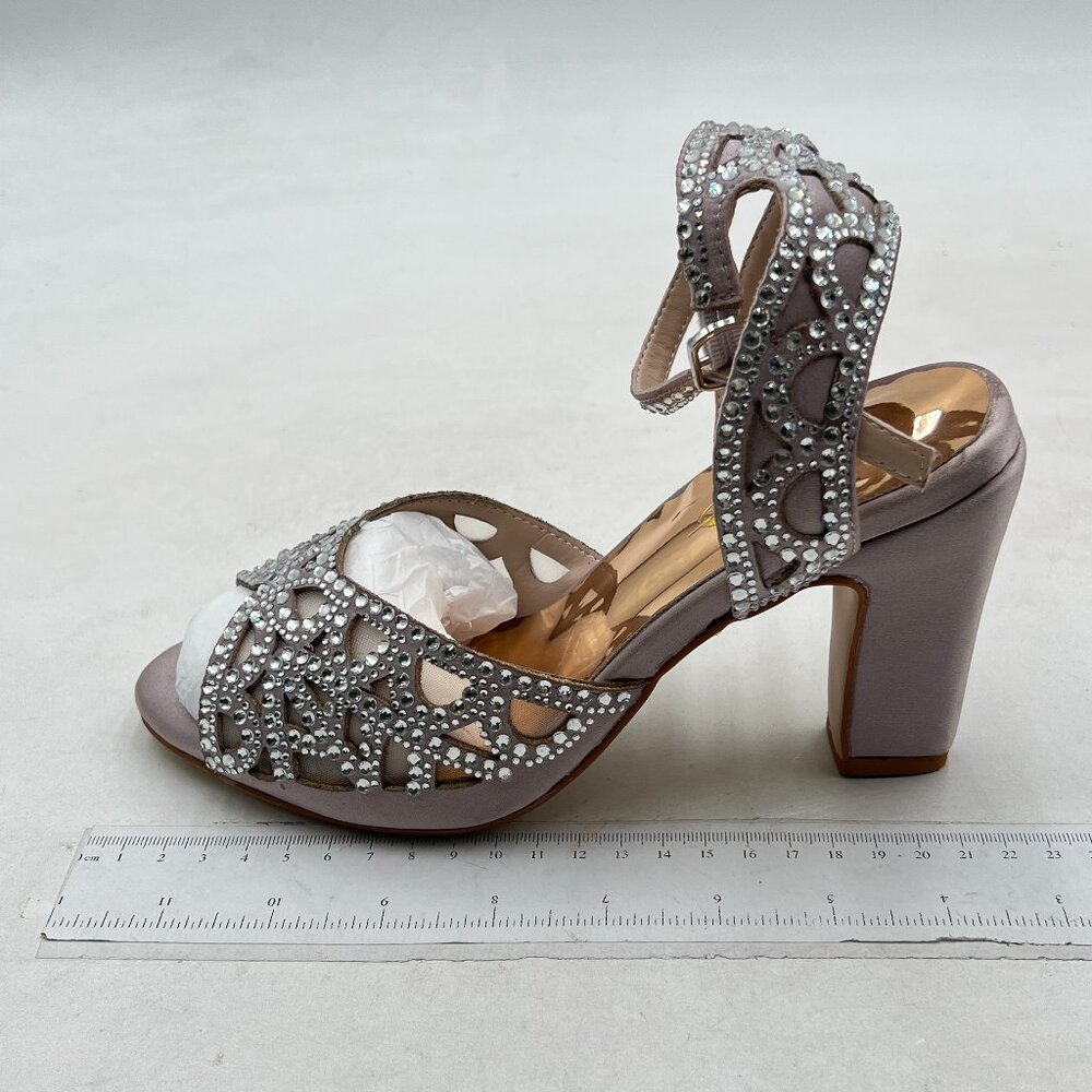 XYD Light Grey Peep Toe Rhinestone Chunky High Heel Ankle Strap Wedding Sandals